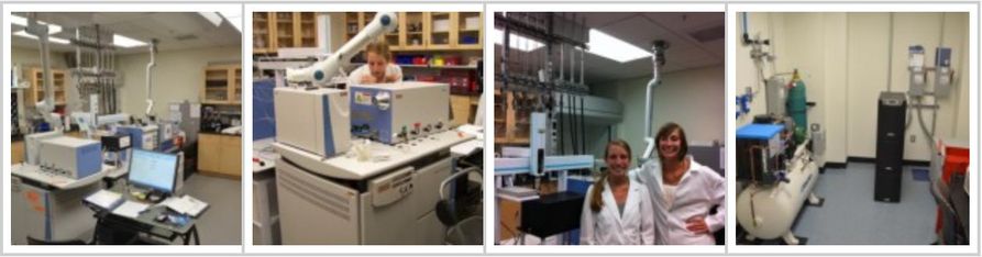Four snapshots from the lab with two female students, the prep area, mass spectrometers, and Shikha in the lab. 